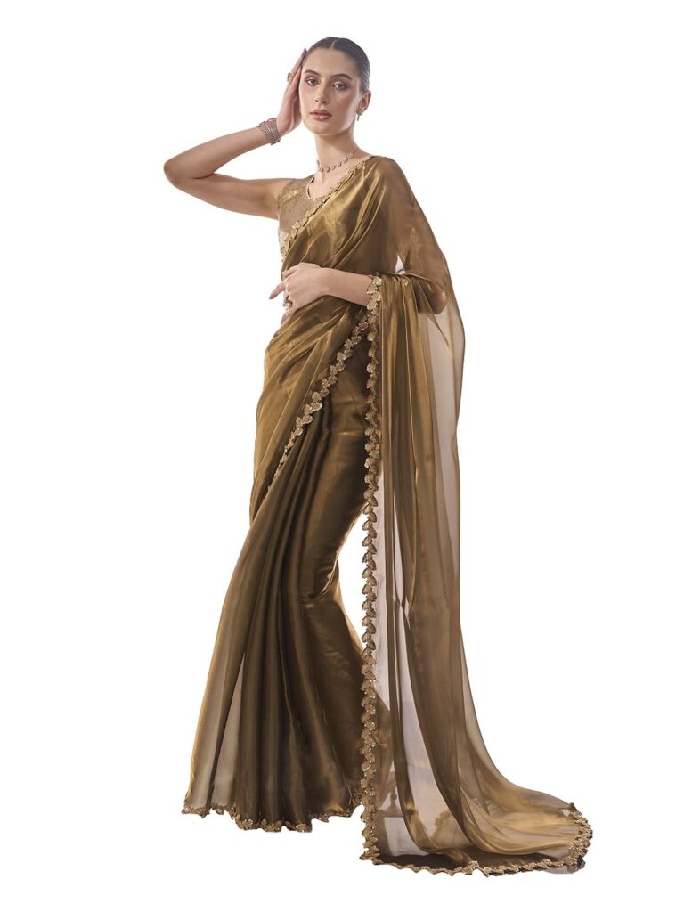 ORHANS Women's Organza Lightweight Lace Work Saree With Art Silk Sequence Work Golden Unstitched Blouse Piece