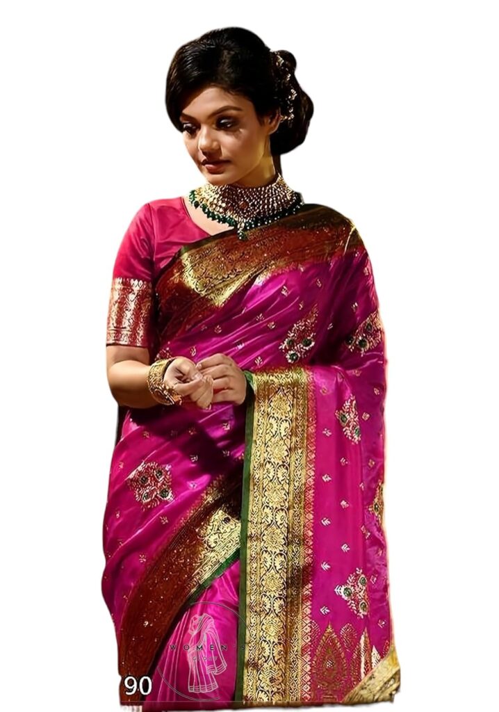 Women's Glory Banarasi Satin Silk Saree With Embroidered Design and Zari Work.